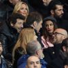 Patrick Bruel, Pascal Obispo et sa femme Julie Hantson, Malika Ménard au match de ligue 1 Paris Saint-Germain (PSG) - AS Monaco (1-1) au Parc des Princes à Paris, le 29 janvier 2017.
