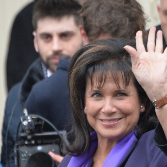 Anne Sinclair - Arrivées au défilé de mode Haute-Couture "Chanel", collection printemps-été 2016, à Paris. Le 26 janvier 2016.