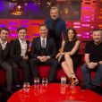 Graham Norton avec Daniel Radcliffe, Joshua McGuire, Tom Hiddleston, Ruth Wilson et Ricky Gervais lors du tournage du Graham Norton Show aux The London Studios, le 15 février 2017.