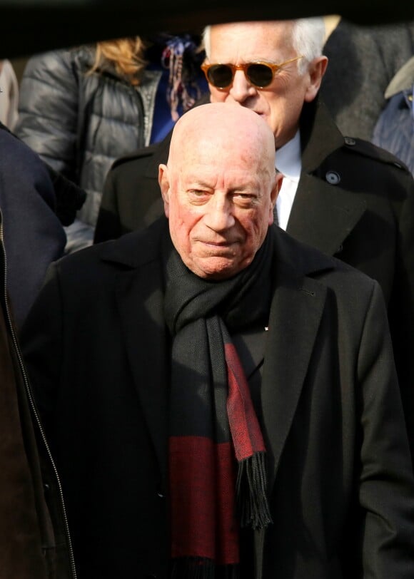 Hervé Bourges à la sortie des obsèques de Pierre Bouteiller en l'église Saint-Pierre du Gros Caillou à Paris le 14 mars 2017.