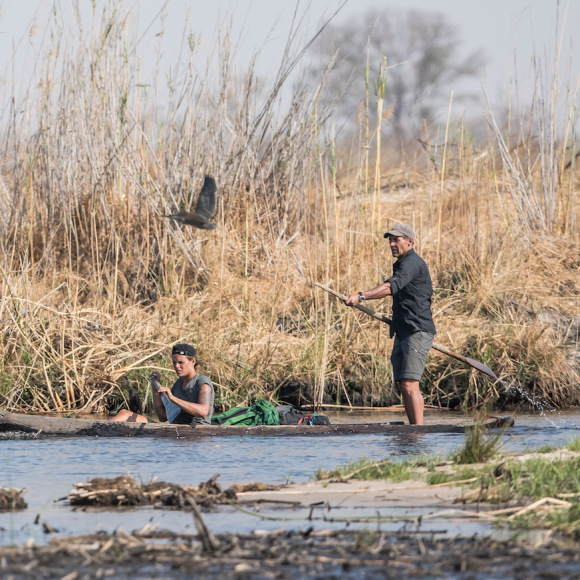 Laure Manaudou et Mike Horn dans À l'état sauvage (M6). Il sont partis dans la bande de Caprivi, en plein coeur de l'Afrique, dans la région du Zambeze entre la Namibie, le Botswana, la Zambie et l'Angola. 2017.