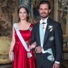 La princesse Sofia, enceinte, et le prince Carl Philip de Suède lors du premier dîner officiel de l'année au palais royal Drottningholm à Stockholm le 23 mars 2017, quelques heures après l'annonce de la naissance prochaine de leur second enfant.