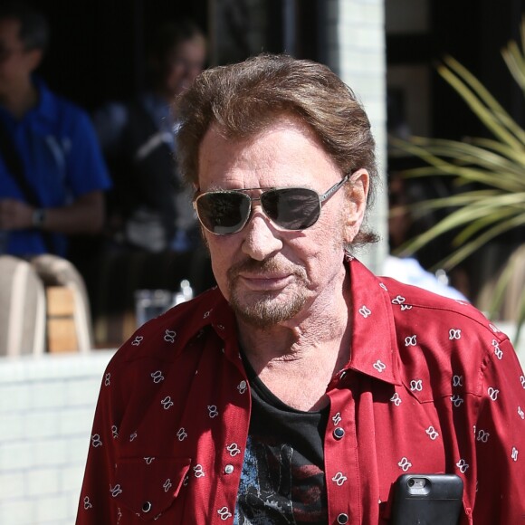 Johnny Hallyday avec sa femme Laeticia, leurs filles Jade et Joy, Marie Poniatowski avec son mari Pierre Rambaldi et leur fille Tess, à Santa Monica, le 1er avril 2017.