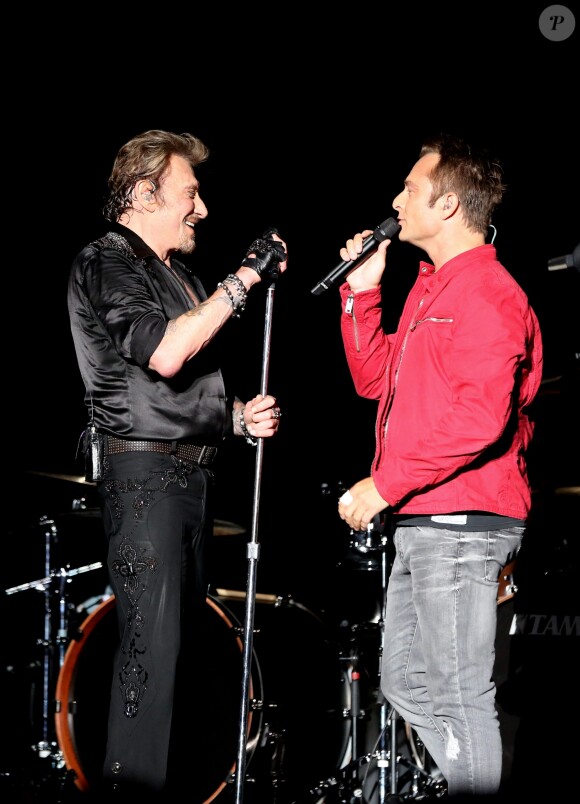Exclusif - David Hallyday - Johnny Hallyday en duo pour son 2ème concert de la tournée "Born Rocker Tour" au POPB de Bercy a Paris. Le 15 juin 2013.