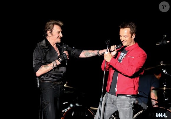 Exclusif - David Hallyday - Johnny Hallyday en duo pour son 2ème concert de la tournée "Born Rocker Tour" au POPB de Bercy a Paris. Le 15 juin 2013.