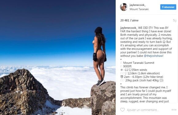 Jaylene Cook (modèle pour Playboy) fait scandale en posant nue au sommet du mont Taranaki. Avril 2017.