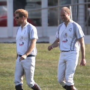 Le prince Harry et le prince William lors de l'Audi Polo Challenge le 7 mai 2017 au club de polo de Coworth Park, à Ascot dans le Berkshire.