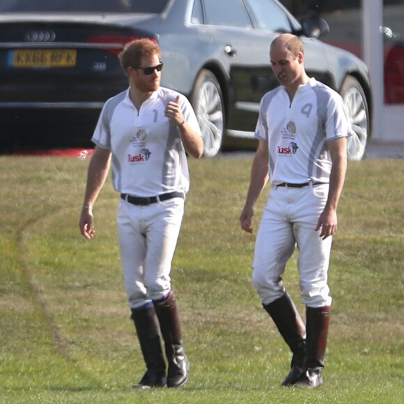 Le prince Harry et le prince William lors de l'Audi Polo Challenge le 7 mai 2017 au club de polo de Coworth Park, à Ascot dans le Berkshire.