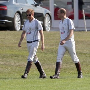 Le prince Harry et le prince William lors de l'Audi Polo Challenge le 7 mai 2017 au club de polo de Coworth Park, à Ascot dans le Berkshire.