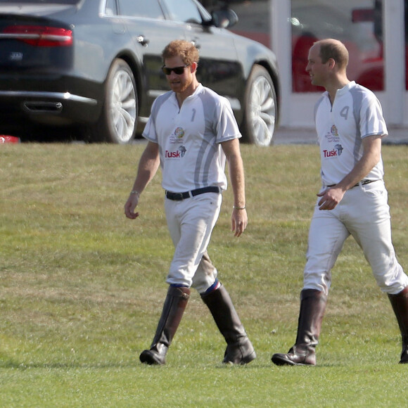 Le prince Harry et le prince William lors de l'Audi Polo Challenge le 7 mai 2017 au club de polo de Coworth Park, à Ascot dans le Berkshire.