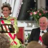 La reine Sonja de Norvège pendant son discours lors du dîner du double 80e anniversaire du roi Harald V de Norvège et de la reine Sonja de Norvège le 9 mai 2017 au palais royal à Oslo.