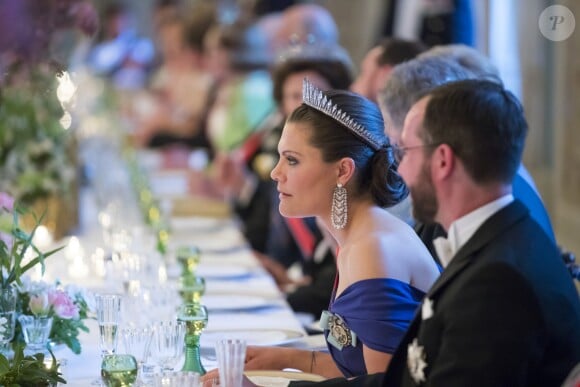 La princesse Victoria de Suède lors du dîner du double 80e anniversaire du roi Harald V de Norvège et de la reine Sonja de Norvège le 9 mai 2017 au palais royal à Oslo.