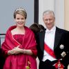 La reine Mathilde et le roi Philippe de Belgique. Célébrations du double 80e anniversaire du roi Harald V de Norvège et de la reine Sonja de Norvège le 9 mai 2017 au palais royal à Oslo.