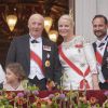 Le roi Harald avec sa bru la princesse Mette-Marit et son fils le prince Haakon. Célébrations du double 80e anniversaire du roi Harald V de Norvège et de la reine Sonja de Norvège le 9 mai 2017 au palais royal à Oslo.