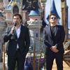 Johnny Depp, Javier Bardem et Orlando Bloom lors de l'avant-première du film Pirates des Caraïbes 5 au parc Disneyland Paris, le 14 mai 2017.