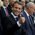 La première dame Brigitte Macron (Trogneux), son mari le président de la République Emmanuel Macron et le président de la Fédération française de Rugby à XV (FFR) Bernard Laporte - Finale du Top 14, ASM Clermont contre le RC Toulon au Stade de France, le 4 juin 2017.
