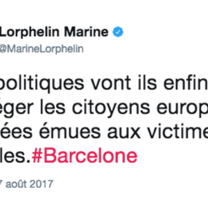 Marine Lorphelin a tweeté sur l'attentat de Barcelone, jeudi 17 août 2017