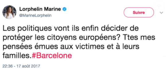 Marine Lorphelin a tweeté sur l'attentat de Barcelone, jeudi 17 août 2017