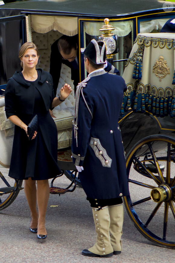 La princesse Madeleine de Suède, enceinte, lors de la session d'ouverture du Parlement à Stockholm le 12 septembre 2017.
