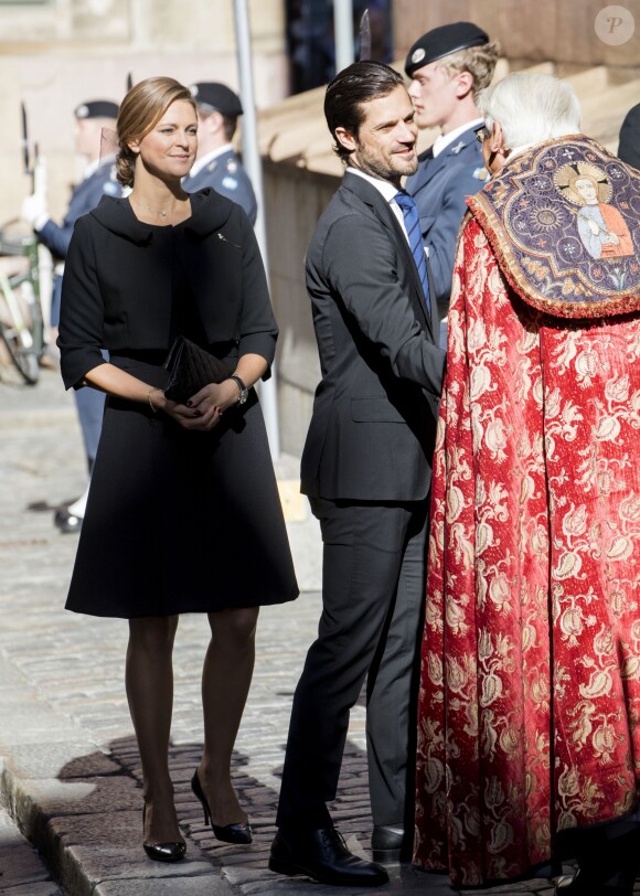 La princesse Madeleine de Suède, enceinte, lors de la session d'ouverture du Parlement à Stockholm le 12 septembre 2017.