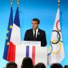 Le président Emmanuel Macron lors de la réception des acteurs de la candidature de Paris aux Jeux Olympiques et Paralympiques de 2024 au palais de l'Elysée à Paris le 15 septembre 2017. © Hamilton / Pool / Bestimage