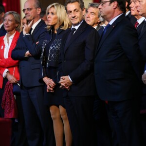 Brigitte Macron, Nicolas Sarkozy et Francois Hollande lors de la réception des acteurs de la candidature de Paris aux Jeux Olympiques et Paralympiques de 2024 au palais de l'Elysée à Paris le 15 septembre 2017. © Hamilton / Pool / Bestimage