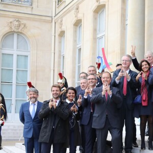 Bruno Julliard, Najat Vallaud Belkacem, Patrick Ollier, Bernard Lapasset, Anne Hidalgo, Tony Estanguet, Valérie Pécresse, Guy Drut - Les acteurs de la victoire de Paris pour l'organisation des Jeux Olympiques ont été reçus au palais de l'Elysée par le couple présidentiel. Le 15 septembre 2017 © Dominique Jacovides / Bestimage