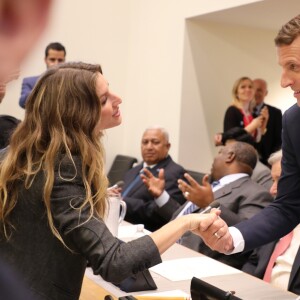 Le président de la République française Emmanuel Macron et Gisele Bündchen pendant une réunion de travail sur le pacte mondial pour l'environnement lors de la 72ème assemblée générale de l'organisation des Nations-Unis (ONU) à New York, le 20 septembre 2017. © Ludovic Marin/Pool/Bestimage