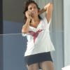 Exclusif - Georgina Rodriguez (enceinte), compagne de Cristiano Ronaldo, sur la terrasse de son hôtel lors de ses vacances à Ibiza, le 30 août 2017.