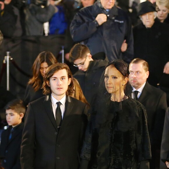 Céline Dion, ses enfants René-Charles Angélil, les jumeaux Nelson Angélil et Eddy Angélil - Sorties des obsèques nationales de René Angélil en la Basi­lique Notre-Dame de Montréal, le 22 janvier 2016.© Morgan Dessales/Bestimage