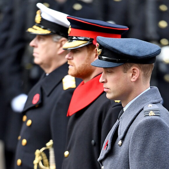 Le prince Harry, bien barbu entre le prince William et le prince Andrew, rasés de frais, au Cénotaphe de Whitehall à Londres le 12 novembre 2017 pour les commémorations du Dimanche du Souvenir.