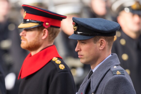 Le prince Harry, barbu, et le prince William au Cénotaphe de Whitehall à Londres le 12 novembre 2017 pour les commémorations du Dimanche du Souvenir.