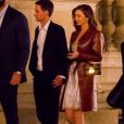 Miranda Kerr et son fiancé Evan Spiegel à la sortie du cocktail du dîner de présentation de la nouvelle collection Vuitton "Masters, Les Grands Maîtres" en collaboration avec Jeff Koons au Louvre à Paris, France, le 11 avril 2017.