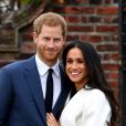 Le prince Harry et sa compagne Meghan Markle posent pour des photos dans le Sunken Garden au palais de Kensington à Londres le 27 novembre 2017 après l'annonce de leurs fiançailles et de leur mariage prévu au printemps 2018.