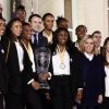 Laura Flessel (Ministre des Sports), le Président de la République Emmanuel Macron et sa femme Brigitte Macron (Trogneux) reçoivent les championnes du monde de handall au Palais de l'Elysée à Paris, le 18 décembre 2017. © Stéphane Lemouton/Bestimage