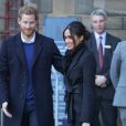 Le prince Harry et sa fiancée Meghan Markle quittent le château de Cardiff le 18 janvier 2018.  Prince Harry and Meghan Markle depart Cardiff Castle. 18 January 2018.18/01/2018 - Cardiff