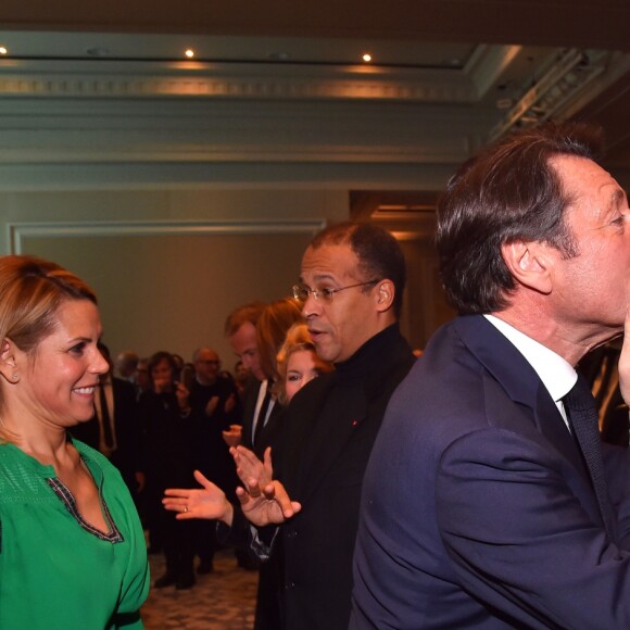 Exclusif - Laura Tenoudji Estrosi, à gauche, Christian Estrosi, le maire de Nice et président de la Métropole Nice Côte d'Azur et Denise Fabre (Denise Fabre est à l'origine de la rencontre entre Christian et Laura) - Cérémonie des Voeux de l'association des Amis du Maire au Palais de la Méditerrannée à Nice le 29 janvier 2018. © Bruno bebert/Bestimage