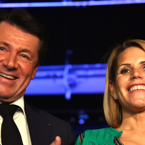 Exclusif - Christian Estrosi, le maire de Nice et président de la Métropole Nice Côte d'Azur et sa femme Laura Tenoudji - Cérémonie des Voeux de l'association des Amis du Maire au Palais de la Méditerrannée à Nice le 29 janvier 2018. © Bruno bebert/Bestimage