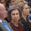 Le roi Juan Carlos Ier et la reine Sofia d'Espagne prenaient part le 19 février 2018 à la cérémonie annuelle des Prix Nationaux du Sport avec le roi Felipe et la reine Letizia, au palais royal du Pardo à Madrid.