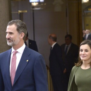 Le roi Felipe VI et la reine Letizia d'Espagne présidaient le 19 février 2018 à la cérémonie annuelle des Prix Nationaux du Sport, au palais royal du Pardo à Madrid.