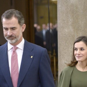 Le roi Felipe VI et la reine Letizia d'Espagne présidaient le 19 février 2018 à la cérémonie annuelle des Prix Nationaux du Sport, au palais royal du Pardo à Madrid.