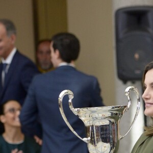 La reine Letizia d'Espagne le 19 février 2018 lors de la cérémonie annuelle des Prix Nationaux du Sport, au palais royal du Pardo à Madrid.