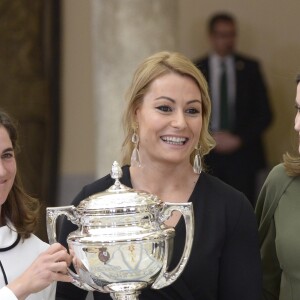 La reine Letizia d'Espagne le 19 février 2018 lors de la cérémonie annuelle des Prix Nationaux du Sport, au palais royal du Pardo à Madrid.