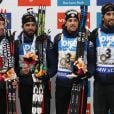 Biathlon : La France remporte le relais messieurs lors de la coupe du monde en Corée avec Simon Desthieux, Martin Fourcade, Simon Fourcade, et Jean Guillaume Beatrix à Pyeongchang le 5 mars 2017.