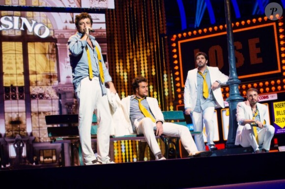 La troupe des Enfoirés à l'occasion du spectacle "Musique !" donné à Strasbourg en janvier 2018. Le show a été diffusé sur TF1 le 9 mars 2018