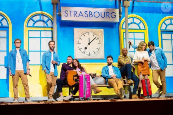 La troupe des Enfoirés à l'occasion du spectacle "Musique !" donné à Strasbourg en janvier 2018. Le show a été diffusé sur TF1 le 9 mars 2018