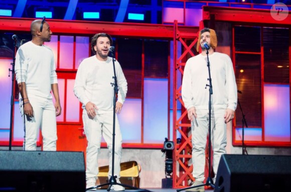 La troupe des Enfoirés à l'occasion du spectacle "Musique !" donné à Strasbourg en janvier 2018. Le show a été diffusé sur TF1 le 9 mars 2018
