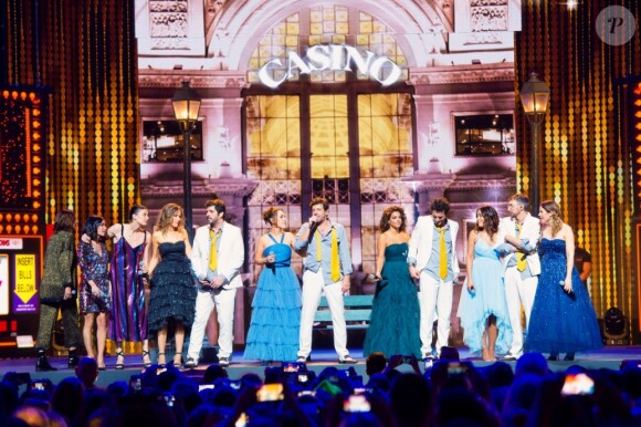 La troupe des Enfoirés à l'occasion du spectacle "Musique !" donné à Strasbourg en janvier 2018. Le show a été diffusé sur TF1 le 9 mars 2018