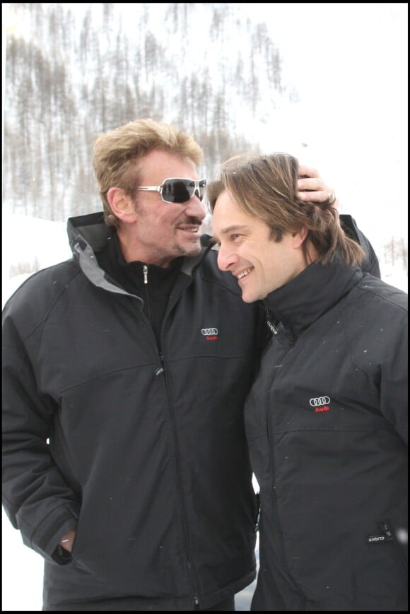 Johnny Hallyday et son fils David Hallyday à Val d'Isère, le 2 février 2008. 