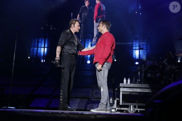 Exclusif - David Hallyday - Johnny Hallyday en concert au POPB de Bercy a Paris - Jour 2 de la tournee "Born Rocker Tour". Le 15 juin 2013